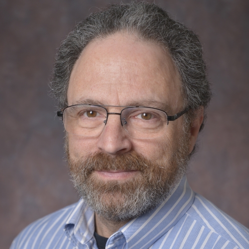 head shot of man with dark grey hair and beard with eyeglasses wearing a blue and white button down stripe shirt