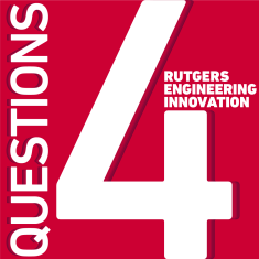 Red background graphic with white letters that say 4 Questions Rutgers Engineering Innovation