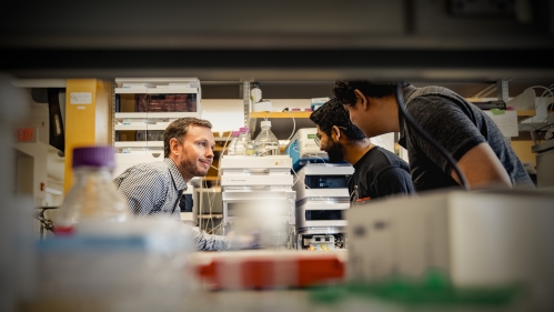 Two male students work with male professor in biomedial engineering lab.