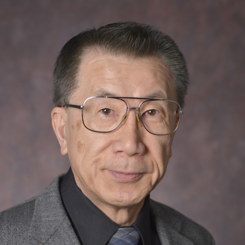 head shot of man with short dark grey hair and eyeglasses wearing a grey suit with a dark grey shirt, and blue, grey striped tie