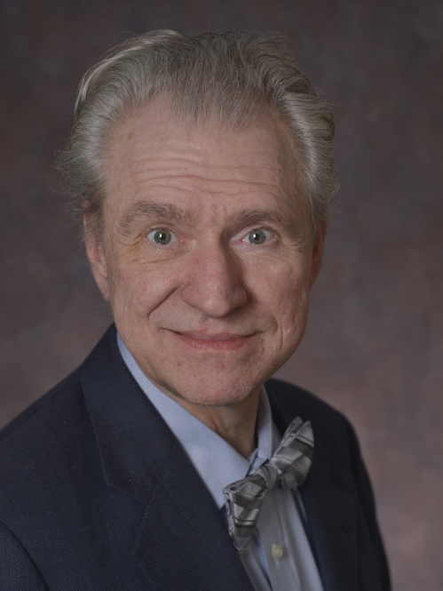 head shot of male with short grey hair wearing a dark blue suit, light blue shirt, and bow tie