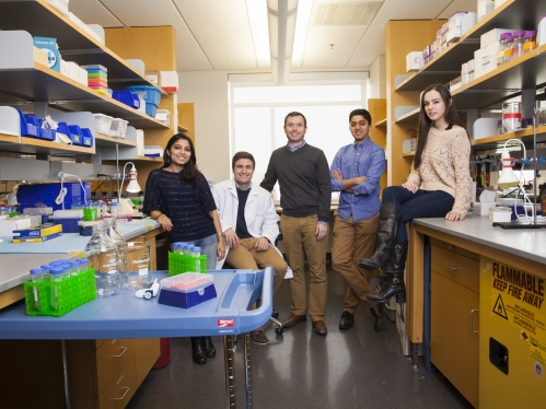 two femal students and two male students in lab with male professor