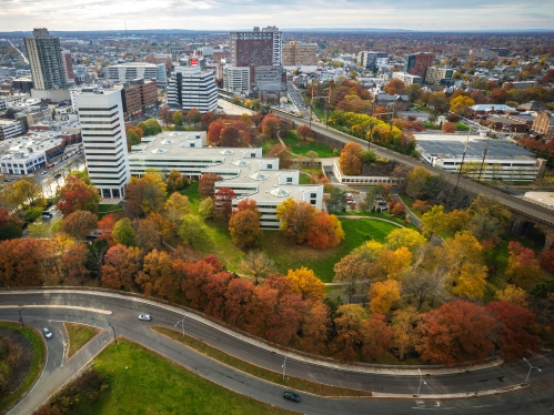 Aerial shot of the city of New Brunswick, New Jersey with Johnson and Johnson in the foreground.