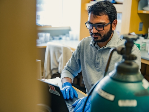 Male student with a beard wearing glasses and blue latex gloves sitting behind a computer and a green nitrogen gas canister. gen